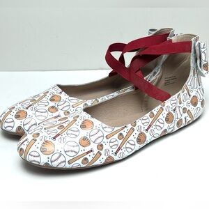 Monkey Feet NEW Baseball Printed Strappy Ballet Flats Shoes Sz 11